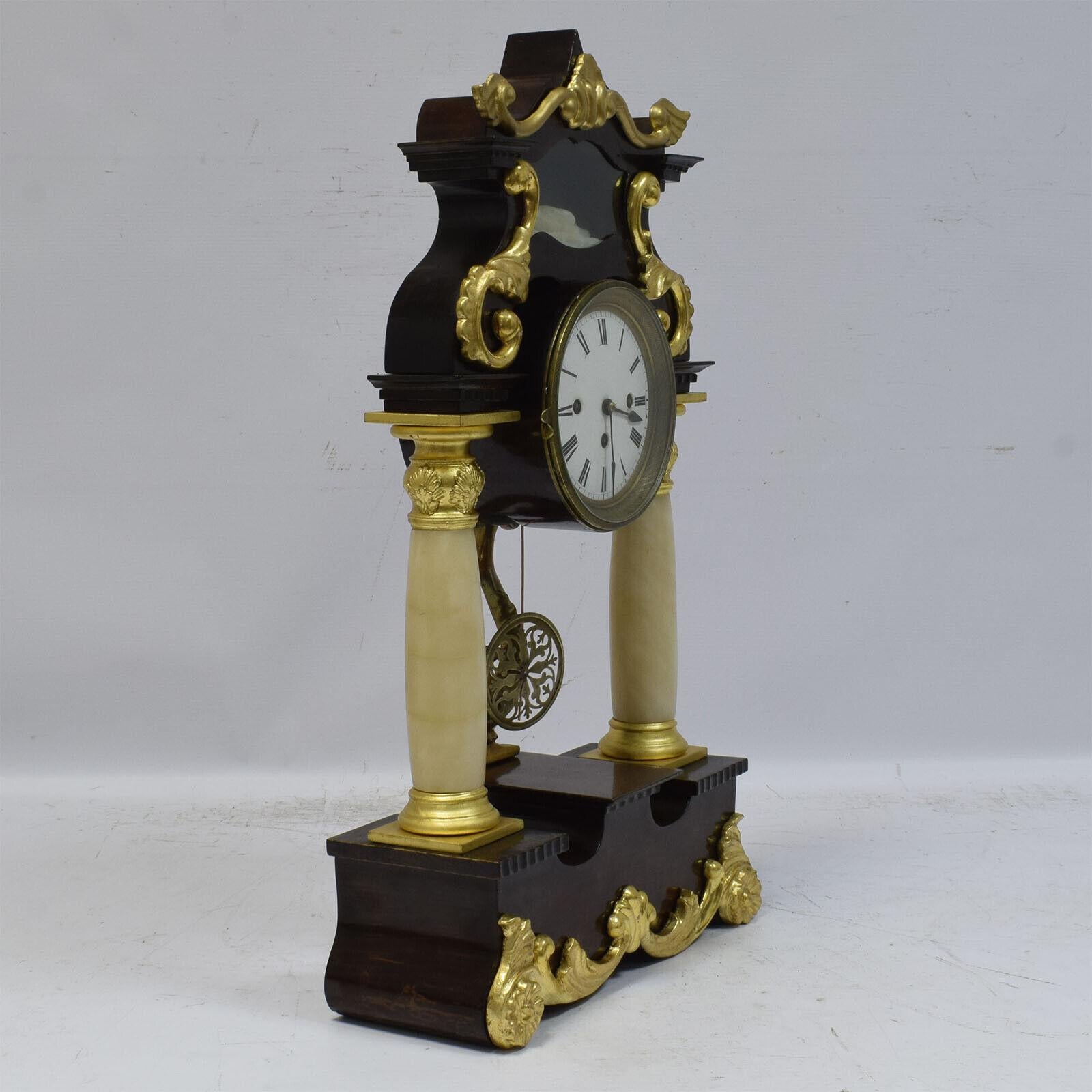 Marble 19th Century Functional Column Clock, Antique Mantel Clock with Portico, 1G03 For Sale