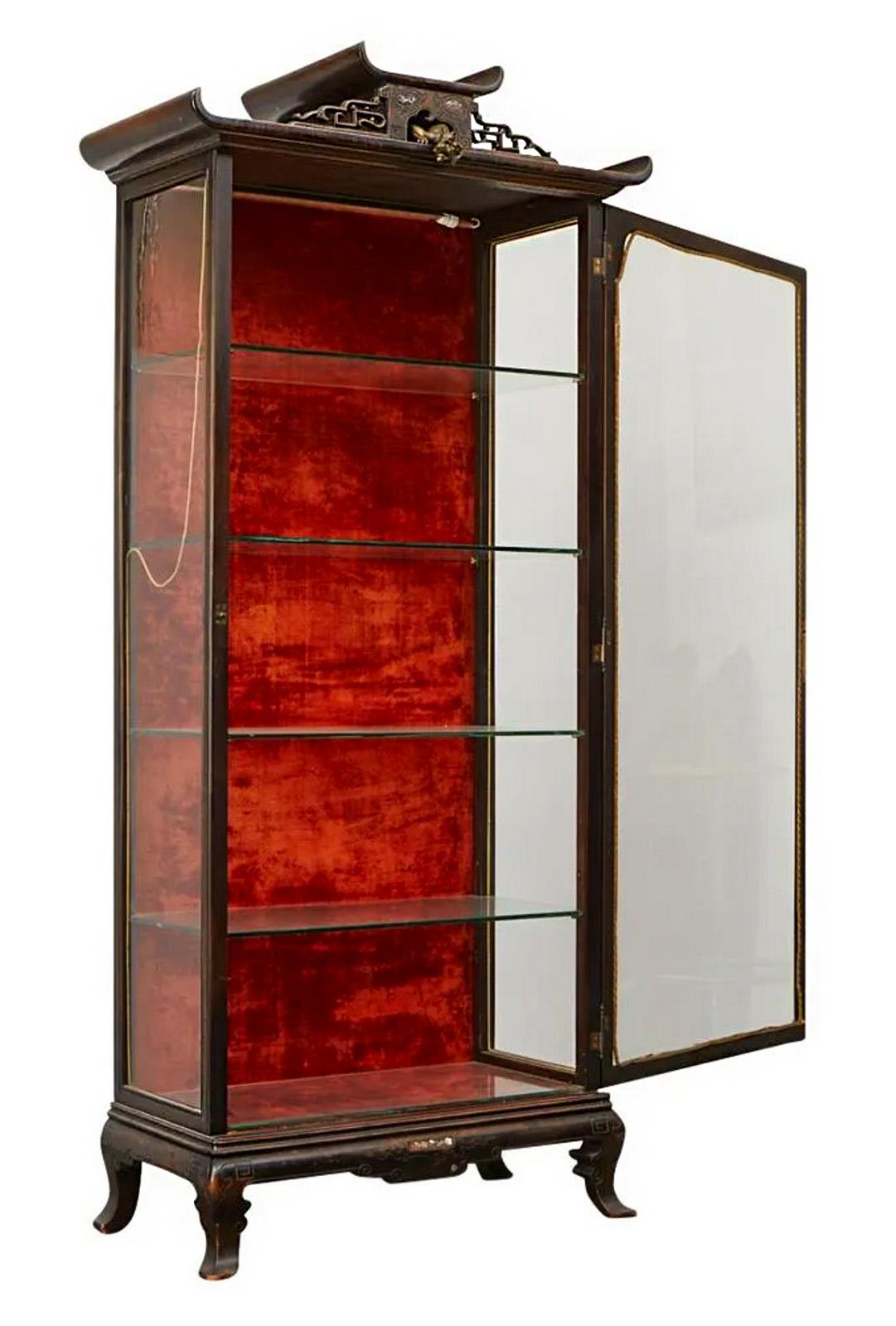A tall vitrine cabinet with a glass door that opens to five glass shelves and velvet backing, featuring a bronze dragon at the top. In the style of Gabriel Viardot (1830-1906) who was a famous Parisian cabinetmaker specializing in the production of