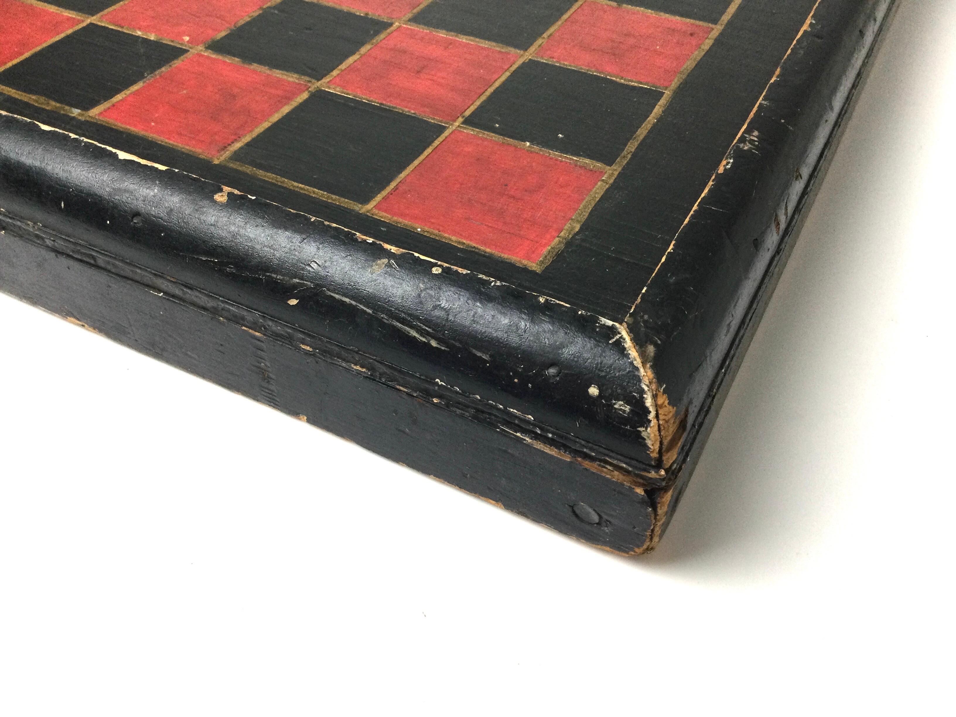 Wood 19th Century Game Board in Original Painted Red and Black Original Surface For Sale