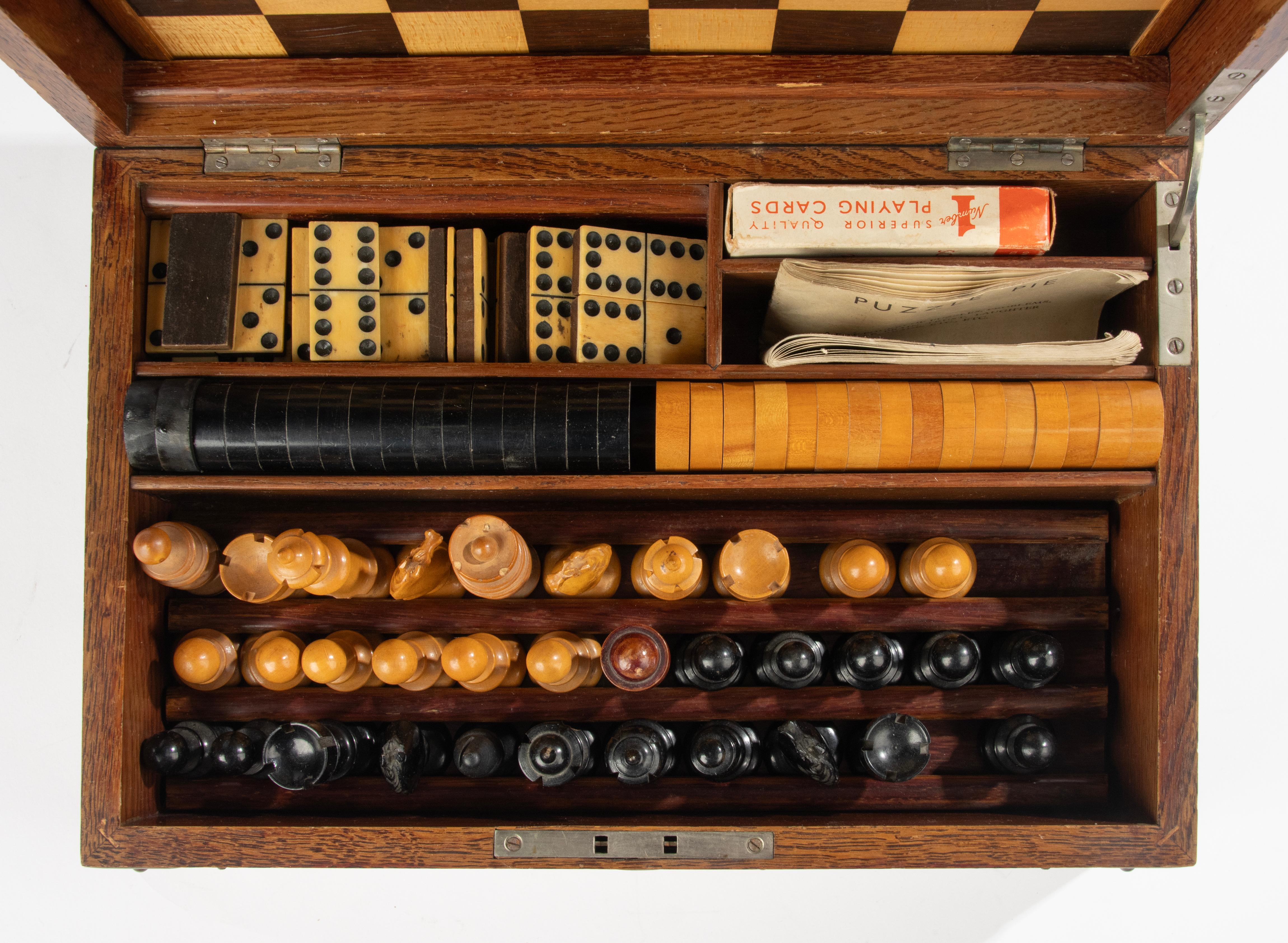 Late Victorian 19th Century Game Box - Oak - Chess and Checkers - Dominoes For Sale