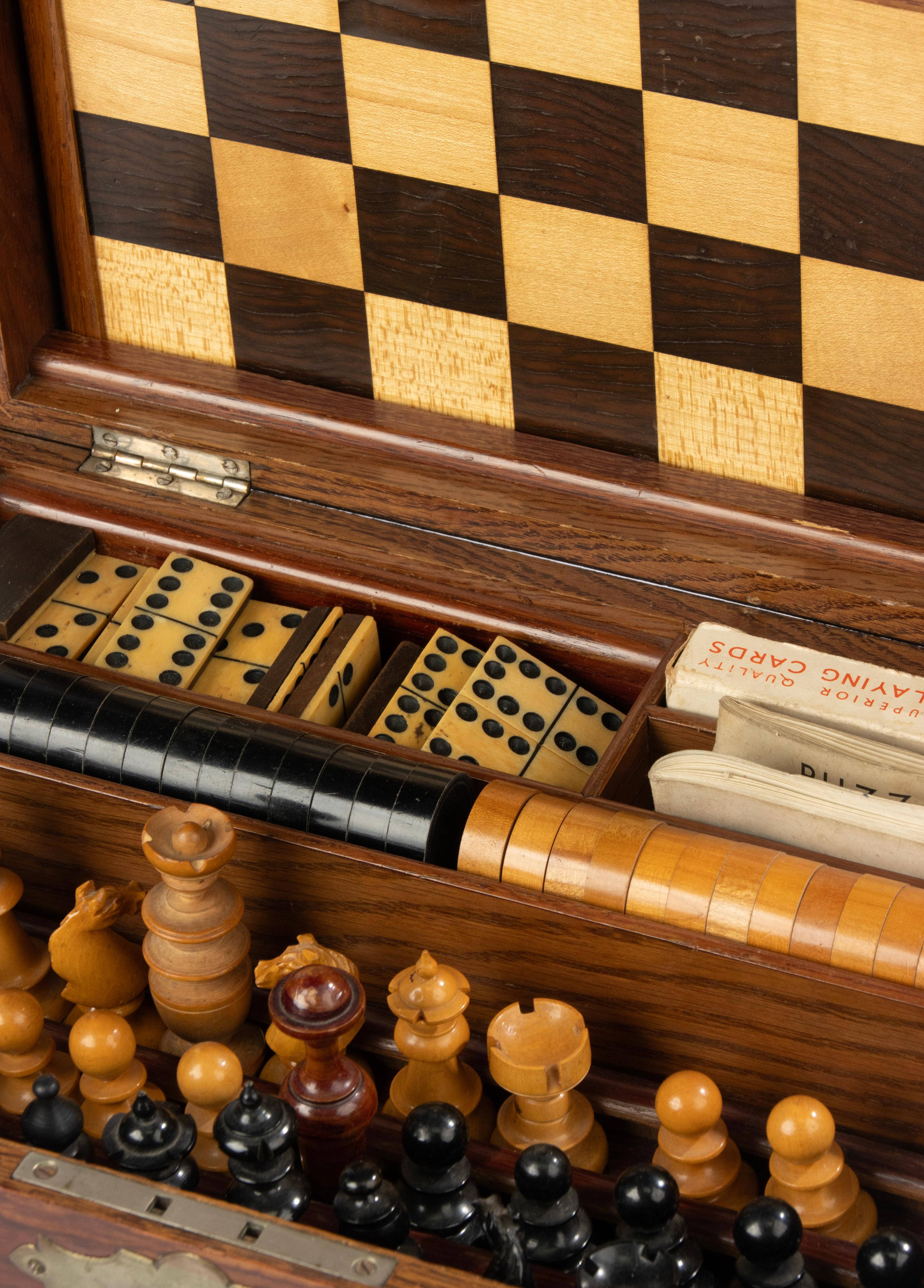 Hand-Crafted 19th Century Game Box - Oak - Chess and Checkers - Dominoes For Sale