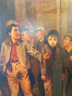 19th Century Young Gang Smoking Cigars Oil on Board American School Painting