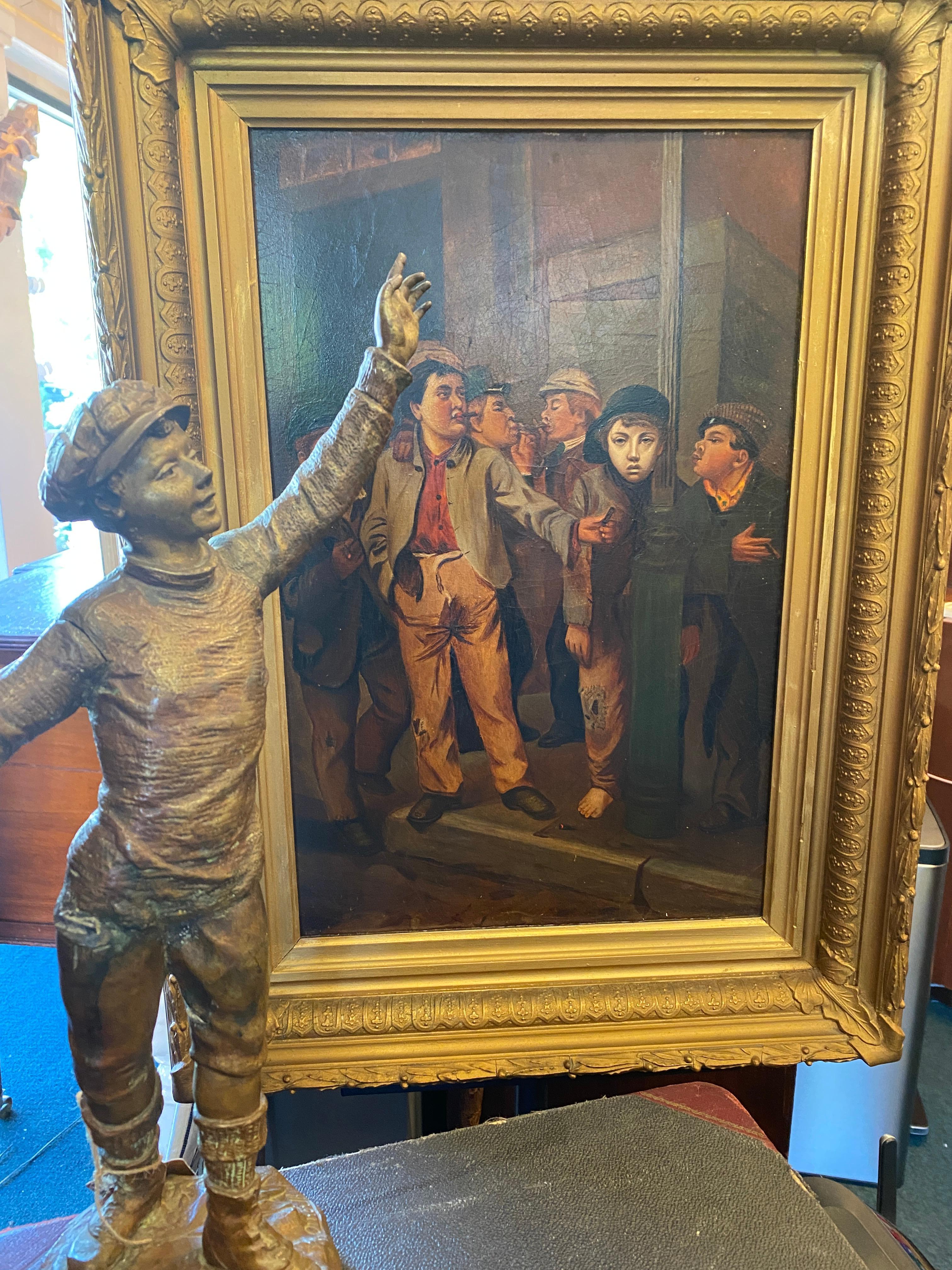 19th Century Young Gang Smoking Cigars Oil on Board American School Painting For Sale 1