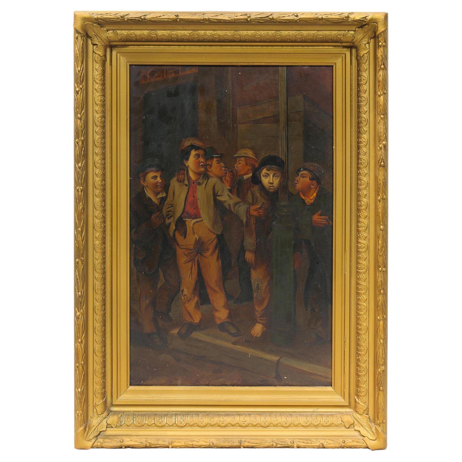 19th Century Gang Smoking Cigars Oil on Board Painting
