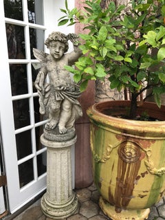 19th C. Garden Statue of Cupid on a Carved Stone Base Column Centerpiece antique