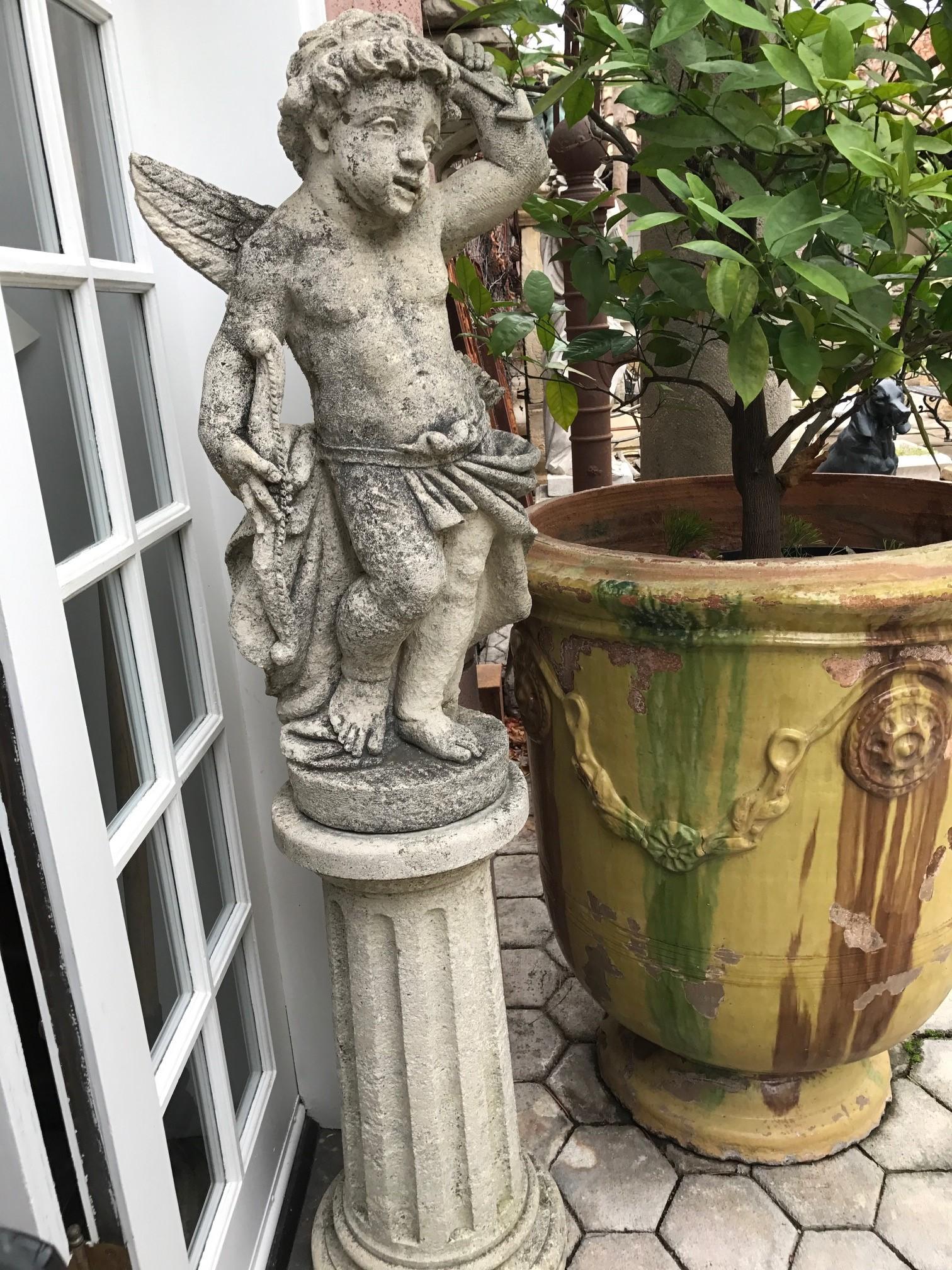 19th C. Garden Statue of Cupid on a Carved Stone Base Column