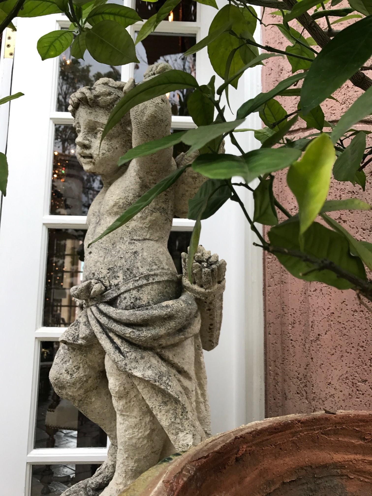 19th C. Garden Statue of Cupid on a Carved Stone Base Column