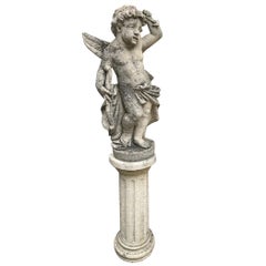 19th C. Garden Statue of Cupid on a Carved Stone Base Column Centerpiece antique
