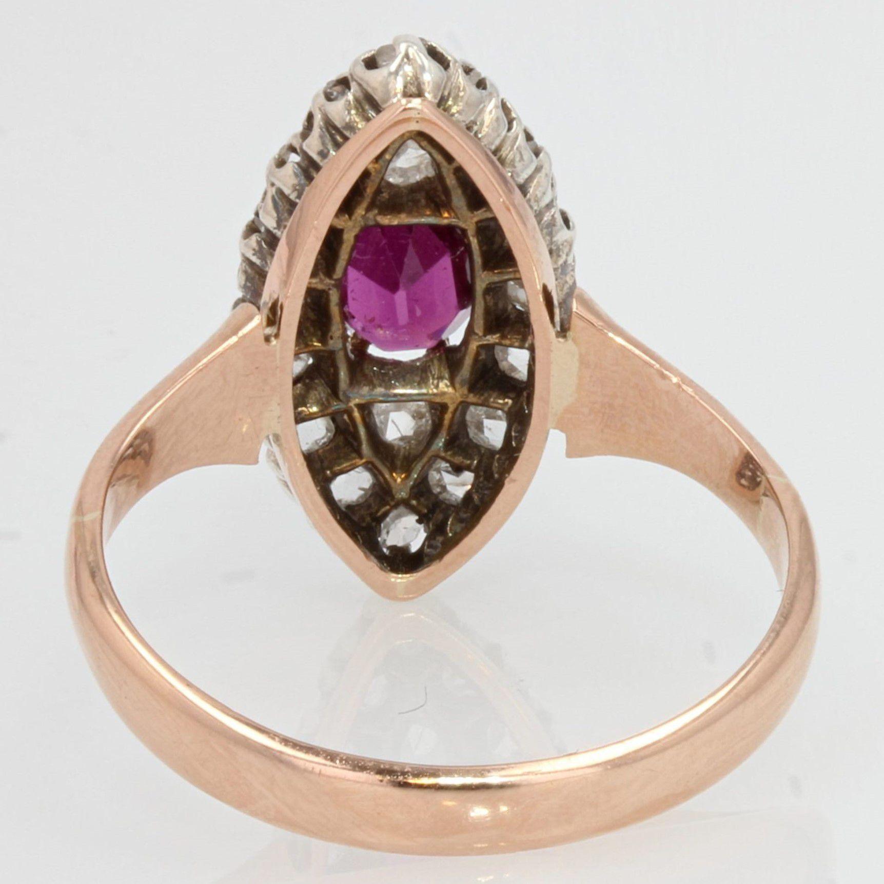 19th Century Garnet Diamonds 18 Karat Rose Gold Marquise Ring For Sale 4