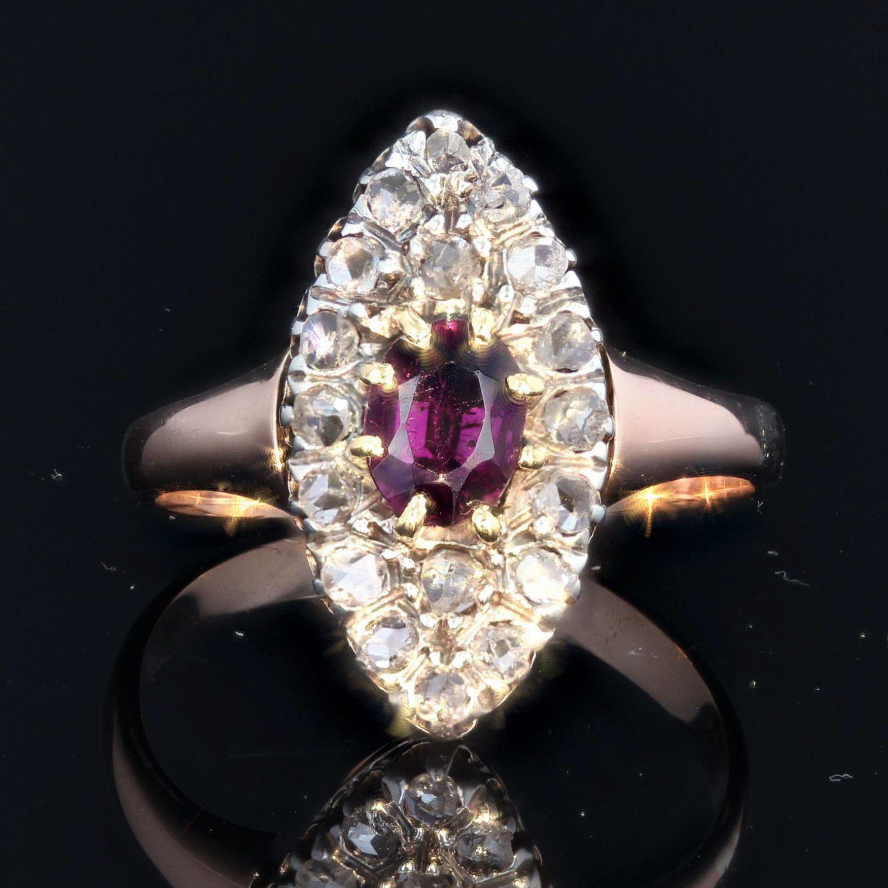 Marquise-Ring aus 18 Karat Roségold mit Granat und Diamanten aus dem 19. Jahrhundert (Napoleon III.) im Angebot