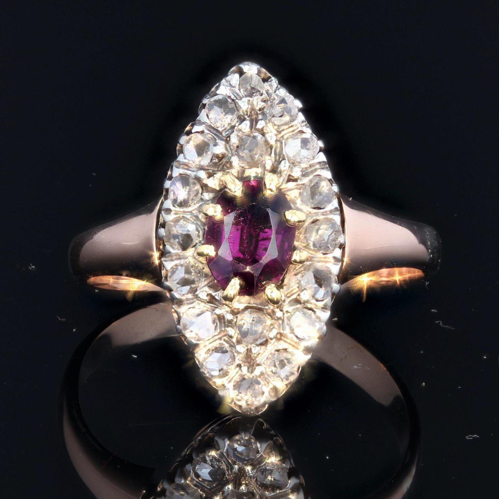 Napoleone III Anello Marquise in oro rosa 18 carati con diamanti e granato del XIX secolo in vendita