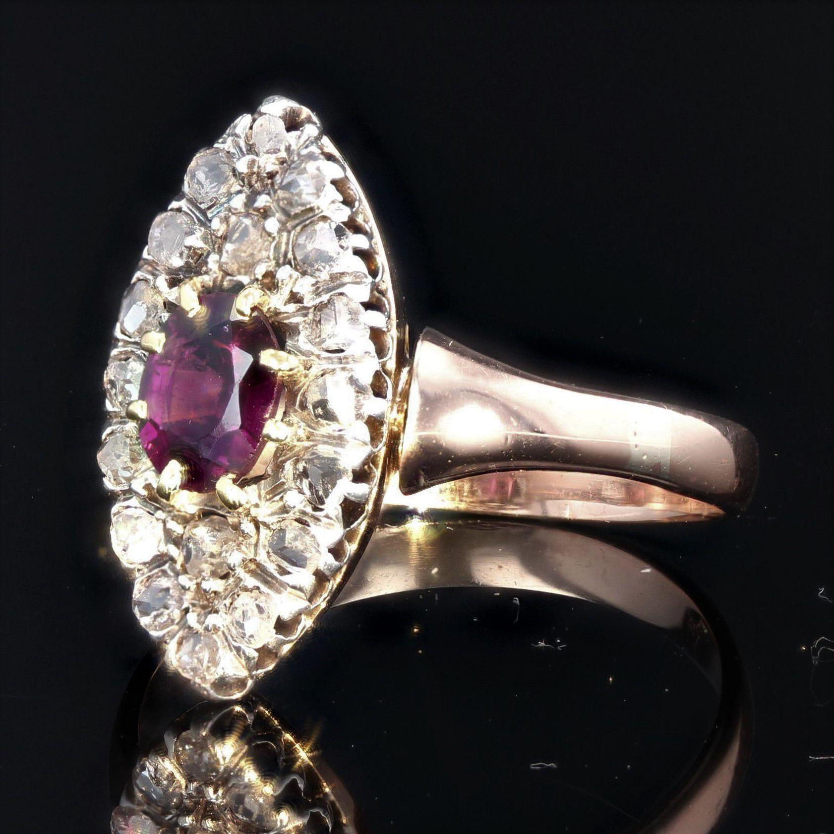 Marquise-Ring aus 18 Karat Roségold mit Granat und Diamanten aus dem 19. Jahrhundert (Rosenschliff) im Angebot