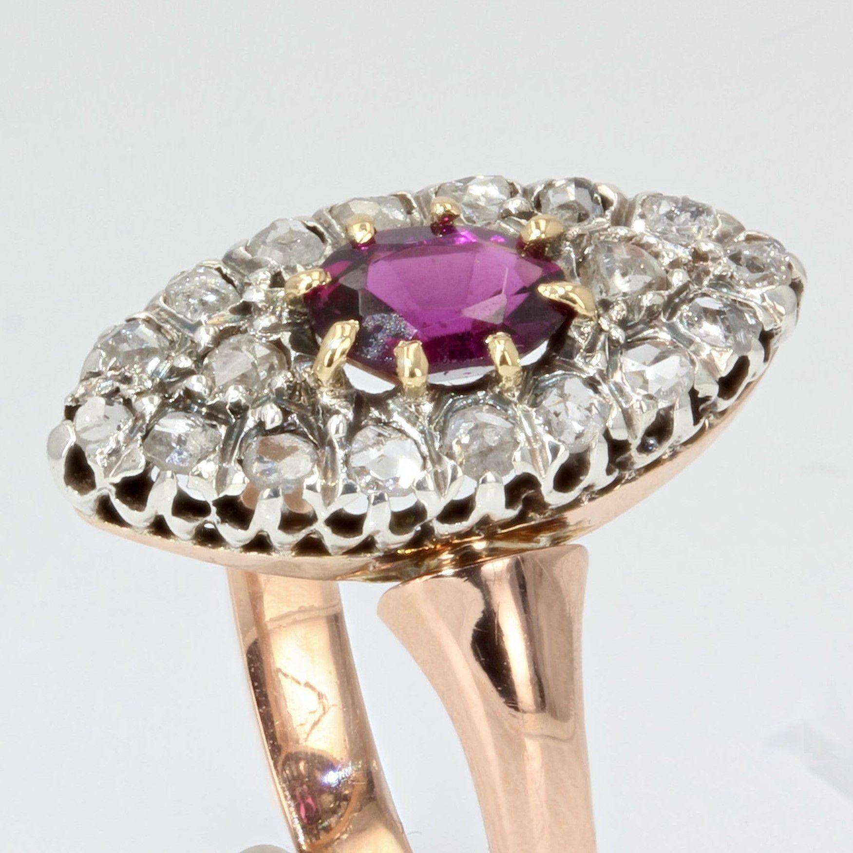 Women's or Men's 19th Century Garnet Diamonds 18 Karat Rose Gold Marquise Ring For Sale