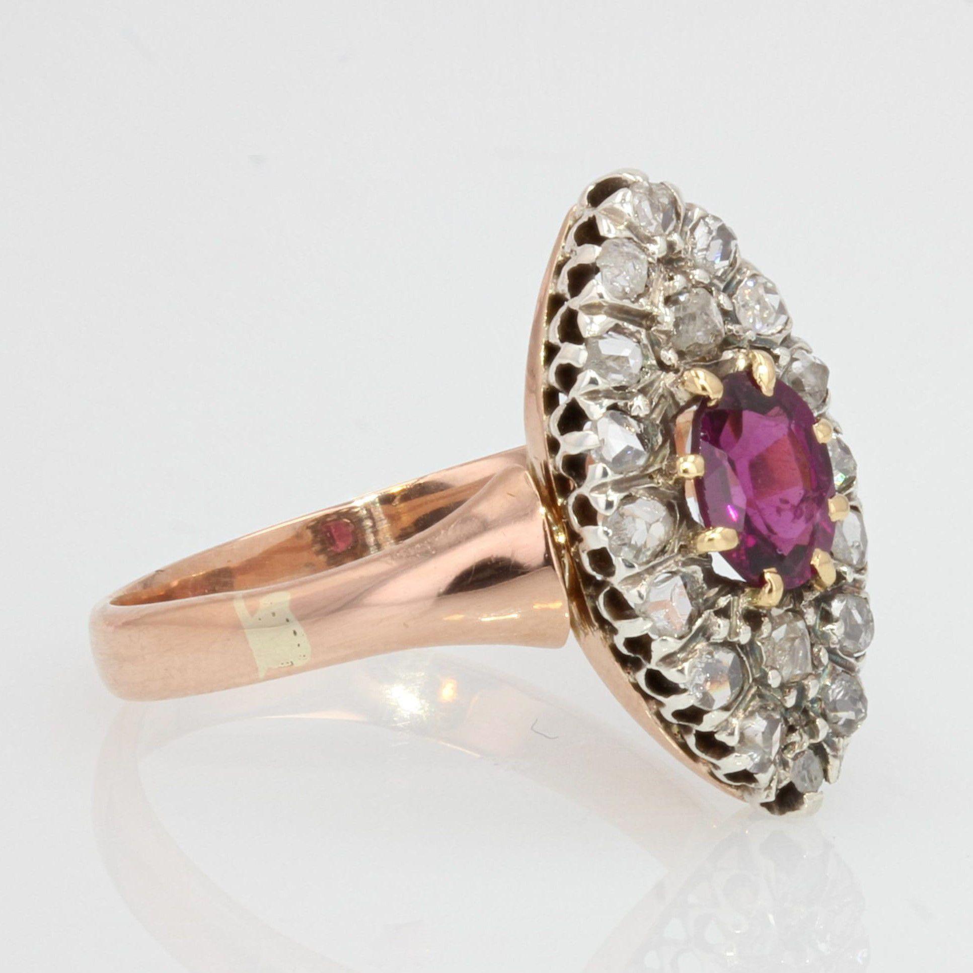 Anello Marquise in oro rosa 18 carati con diamanti e granato del XIX secolo in vendita 2