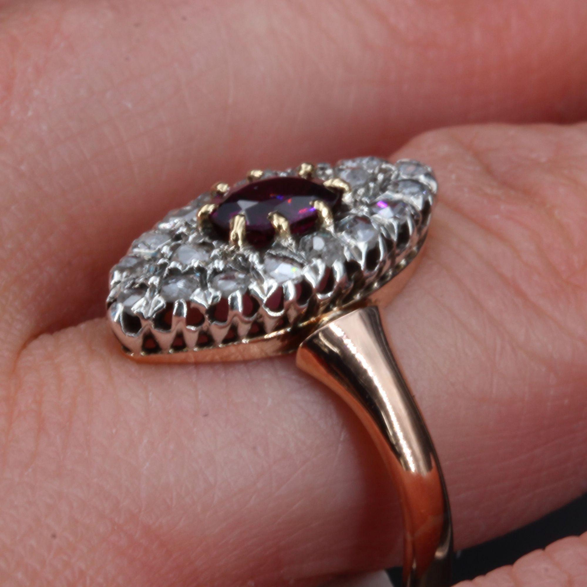 19th Century Garnet Diamonds 18 Karat Rose Gold Marquise Ring For Sale 3
