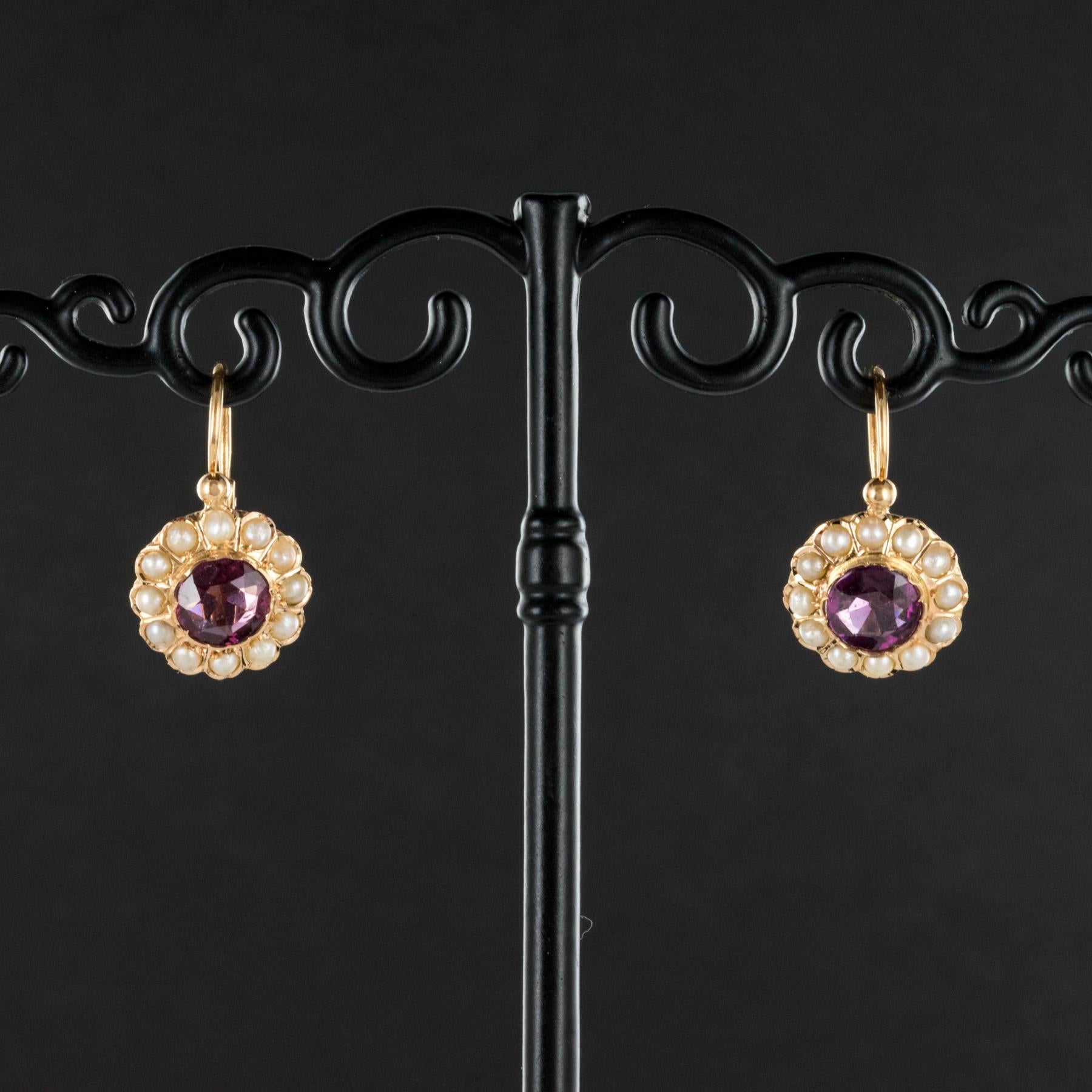 19th Century Garnet Natural Pearl Sleepers Earrings In New Condition In Poitiers, FR