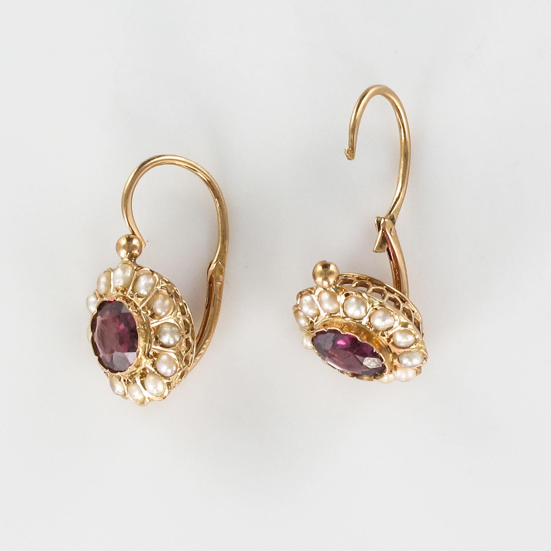 19th Century Garnet Natural Pearl Sleepers Earrings 2