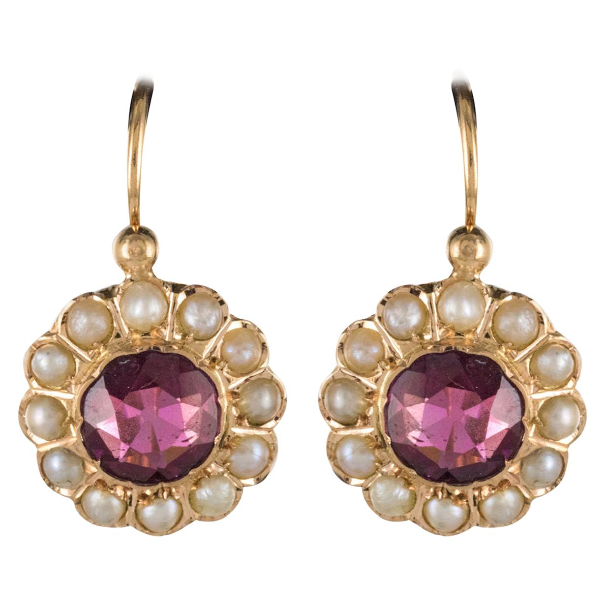 19th Century Garnet Natural Pearl Sleepers Earrings