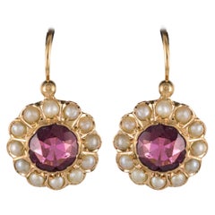 19th Century Garnet Natural Pearl Sleepers Earrings