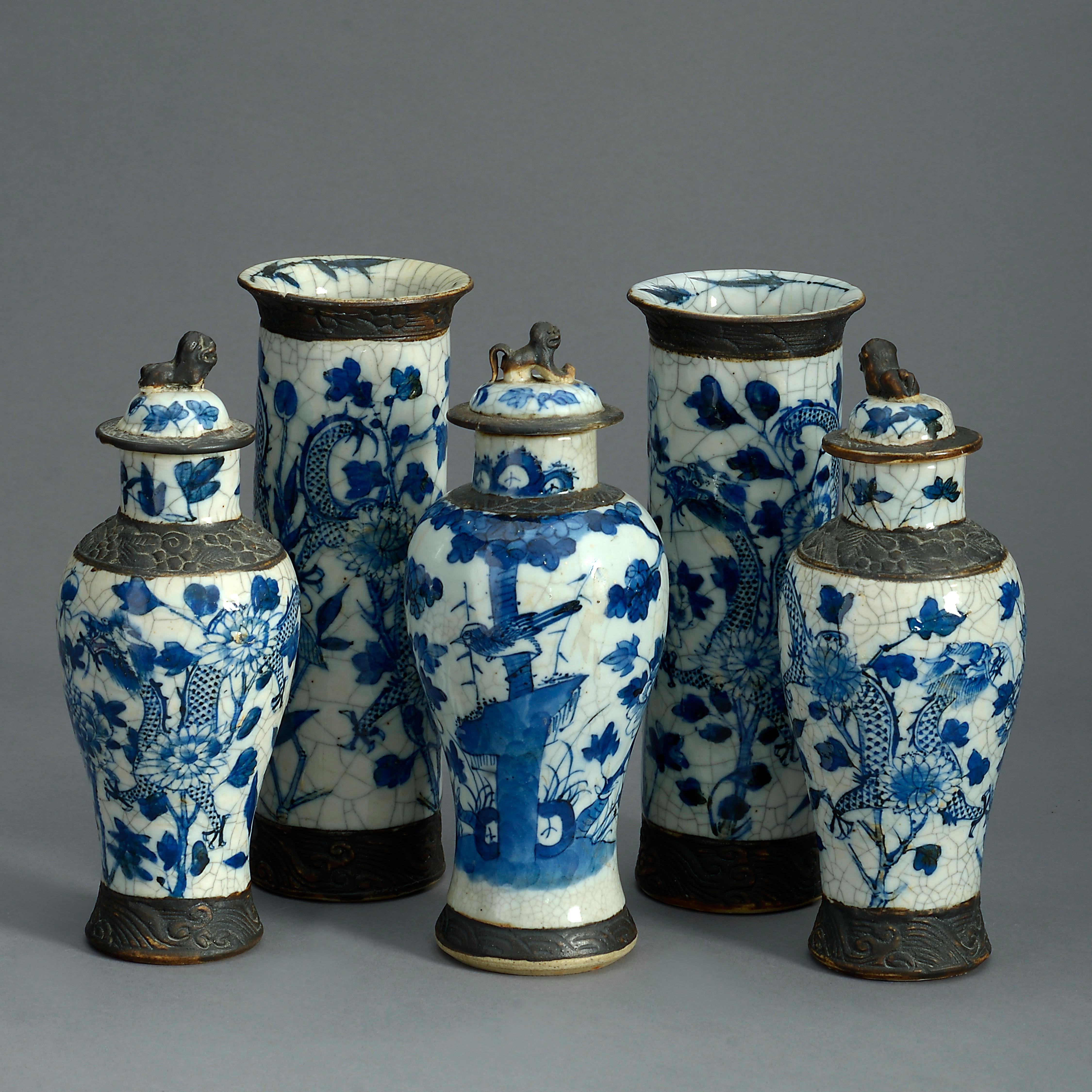 Porcelain 19th Century Garniture of Five Crackle Glazed Vases