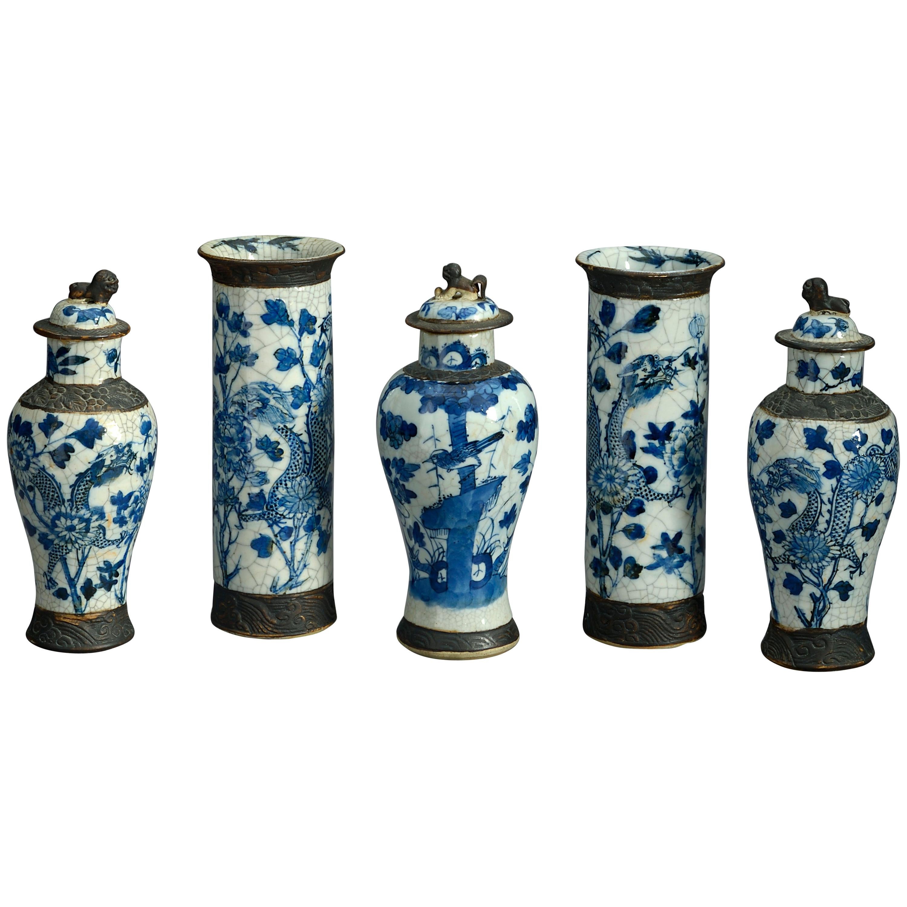 19th Century Garniture of Five Crackle Glazed Vases