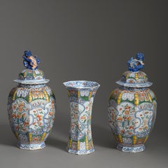 19th Century Garniture of Three Polychrome Delft Vases