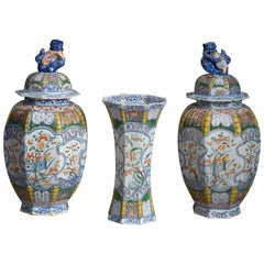 19th Century Garniture of Three Polychrome Delft Vases