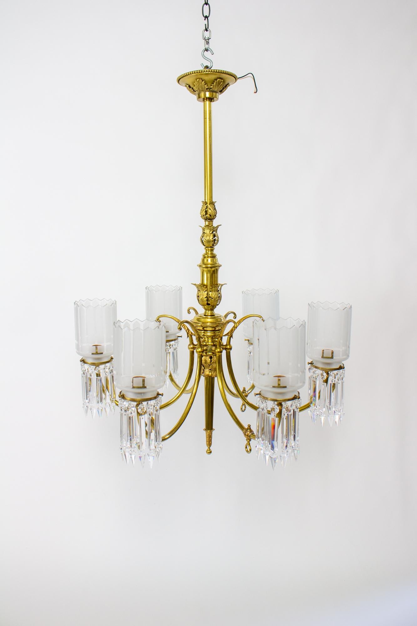 19th Century Gas and Electric Brass and Crystal Chandelier 5