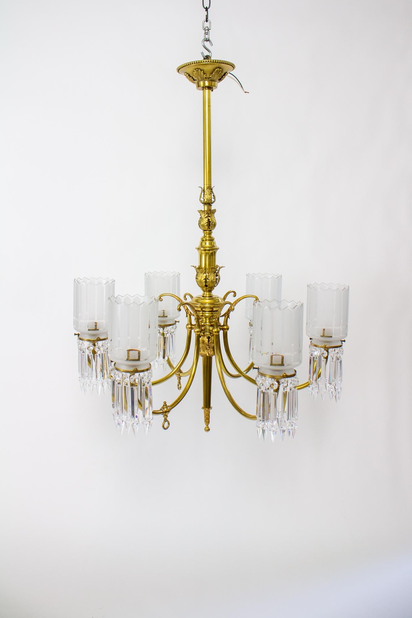 19th Century Gas and Electric Brass and Crystal Chandelier 6