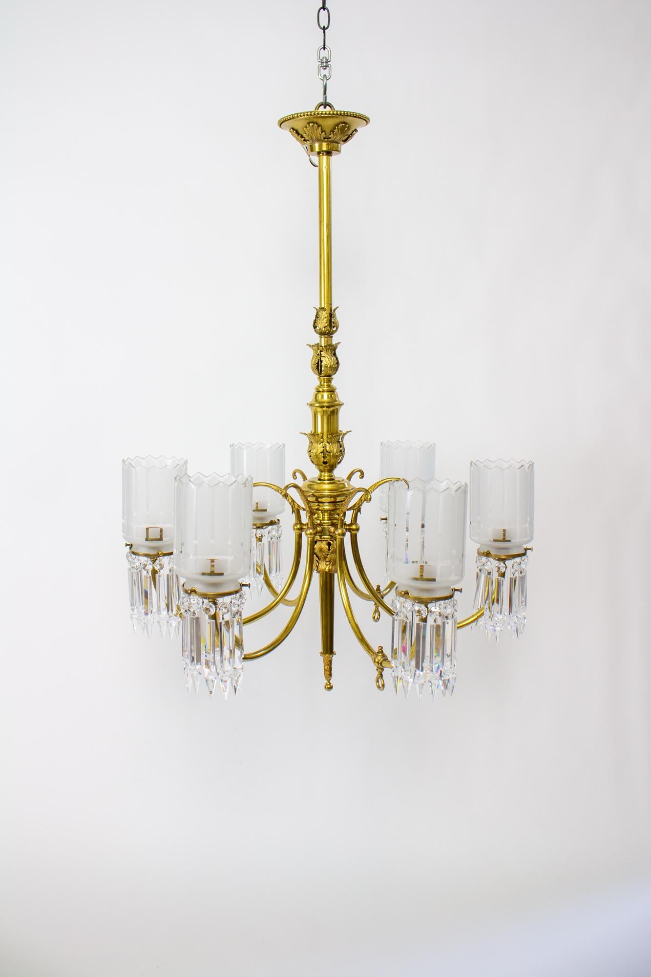 19th Century Gas and Electric Brass and Crystal Chandelier 7