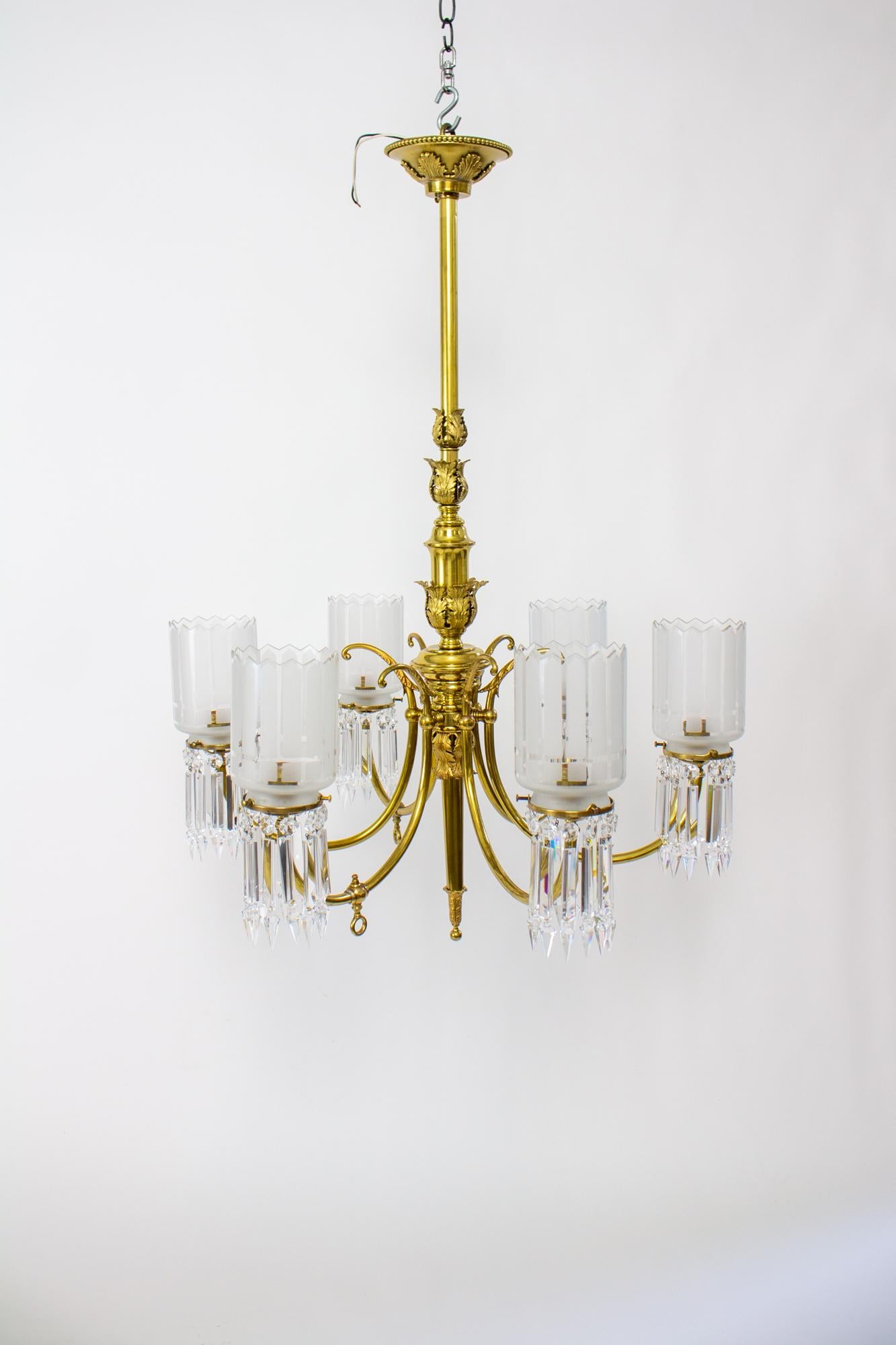 19th Century Gas and Electric Brass and Crystal Chandelier 8