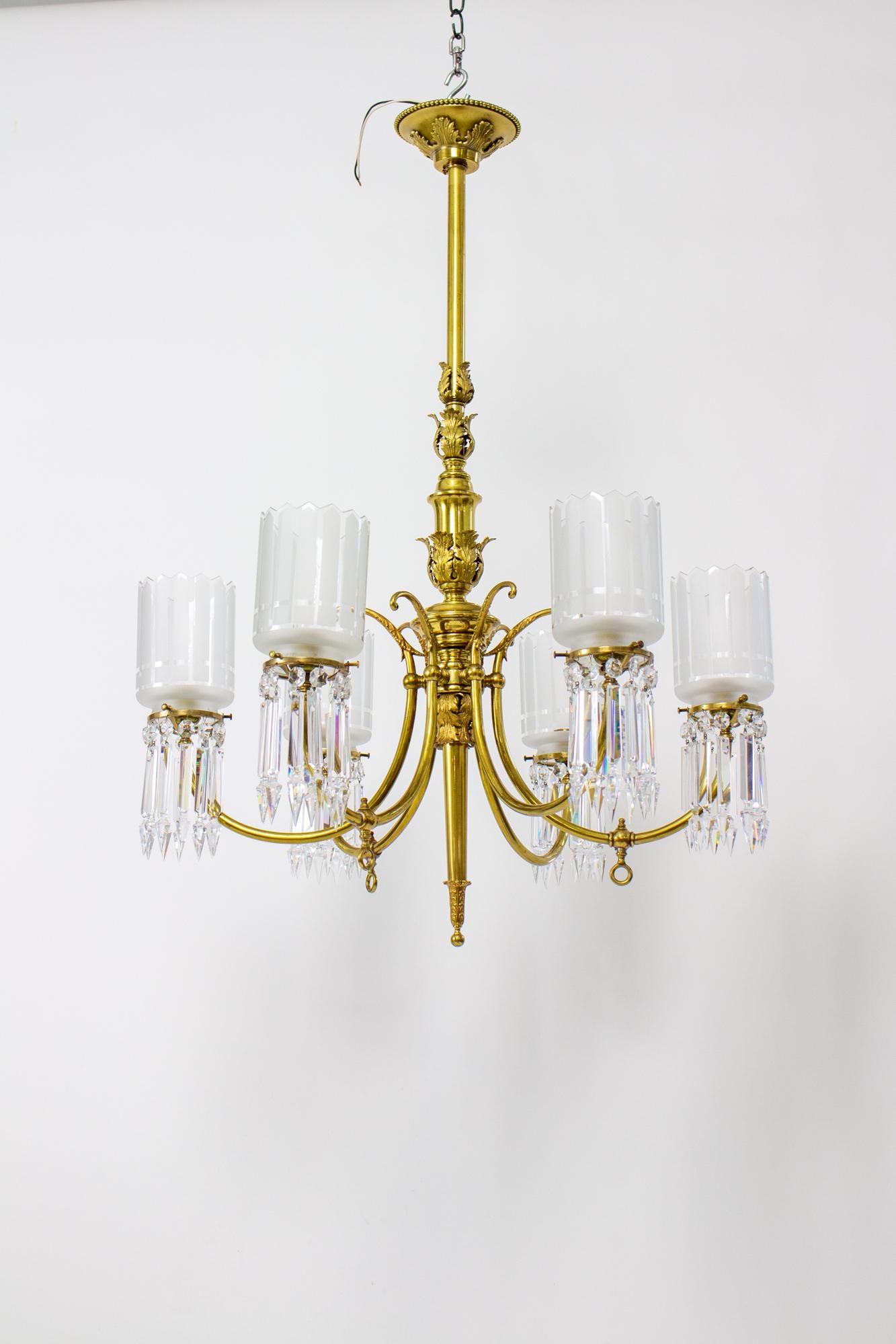 19th Century Gas and Electric Brass and Crystal Chandelier 9