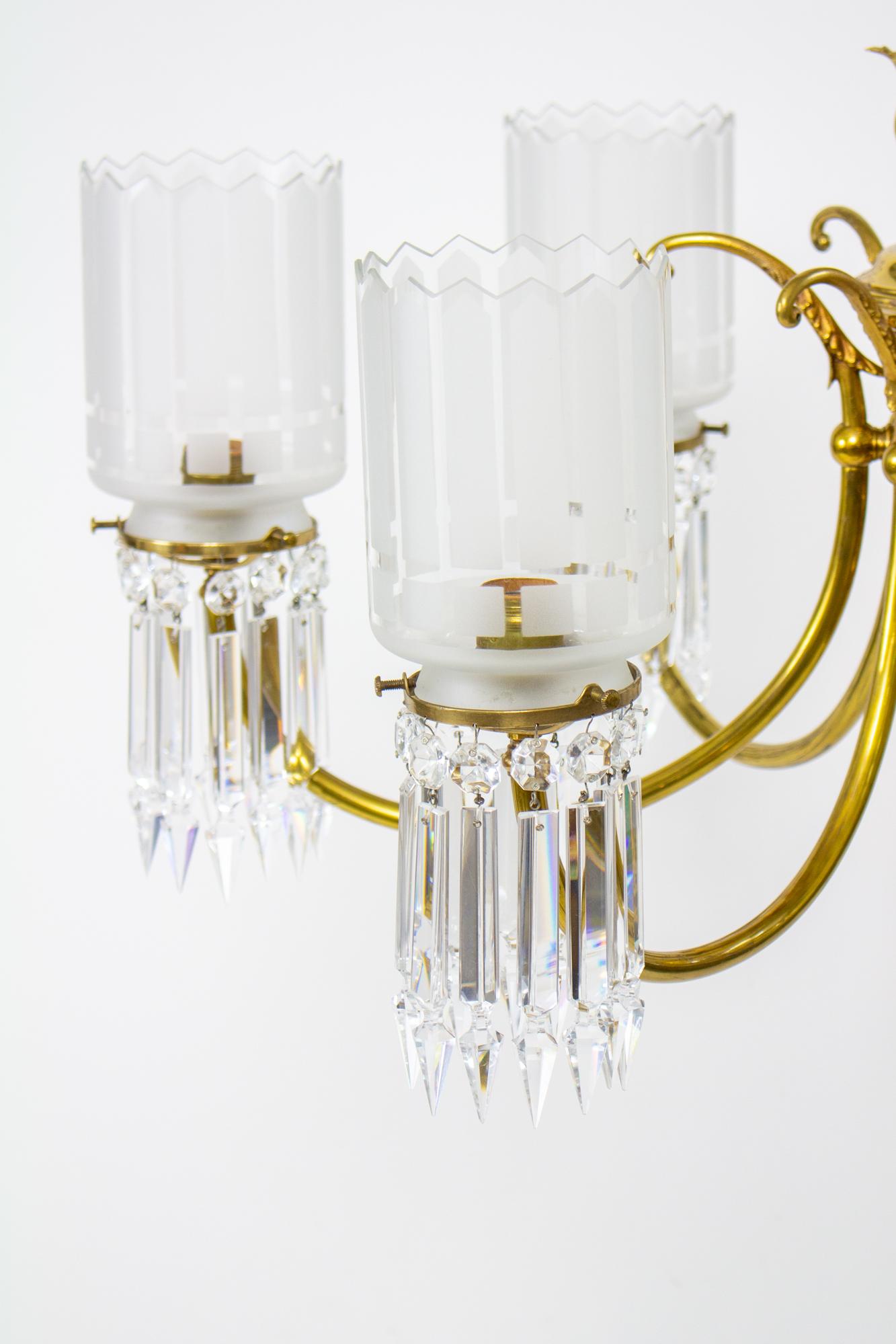 American 19th Century Gas and Electric Brass and Crystal Chandelier