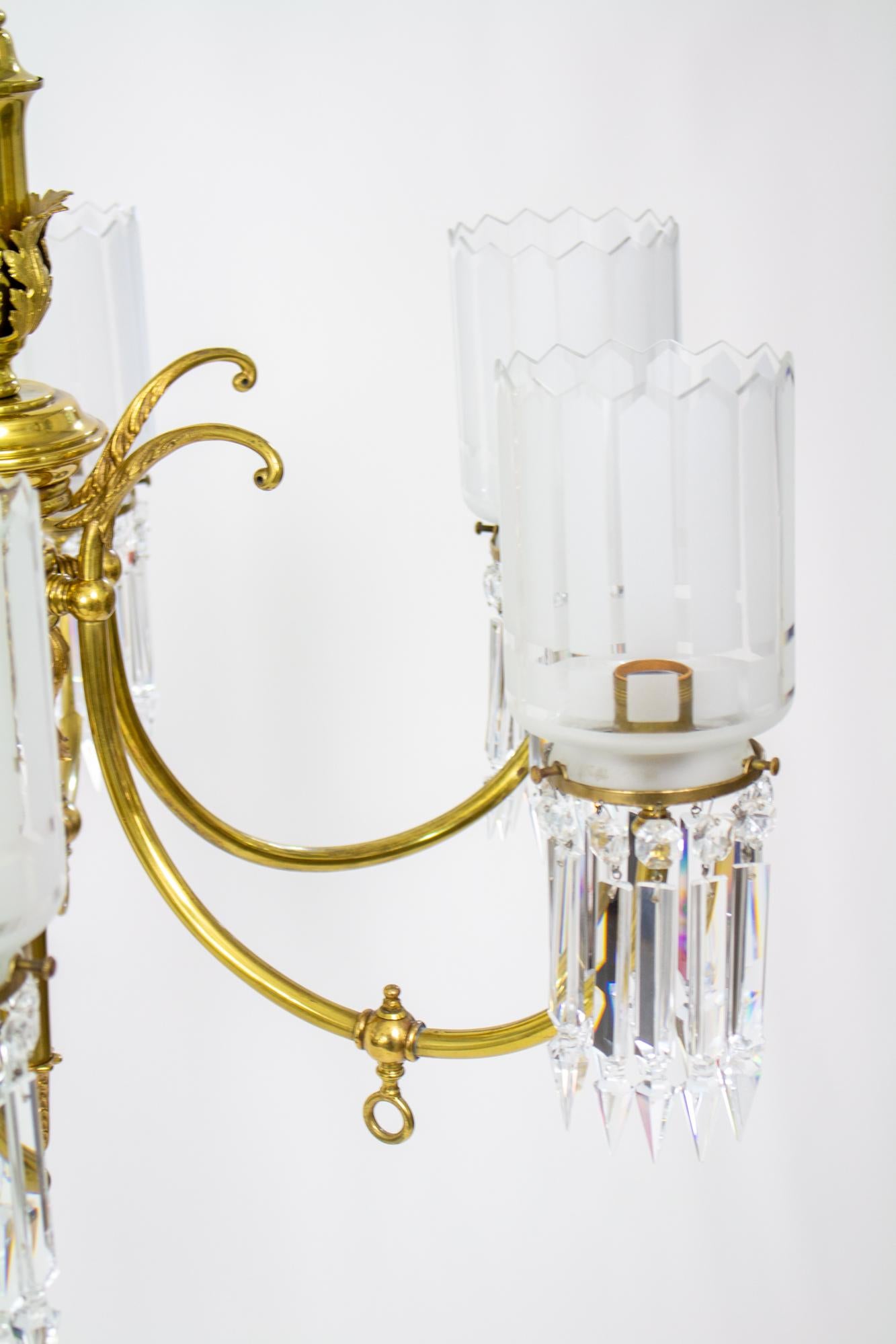 19th Century Gas and Electric Brass and Crystal Chandelier 1