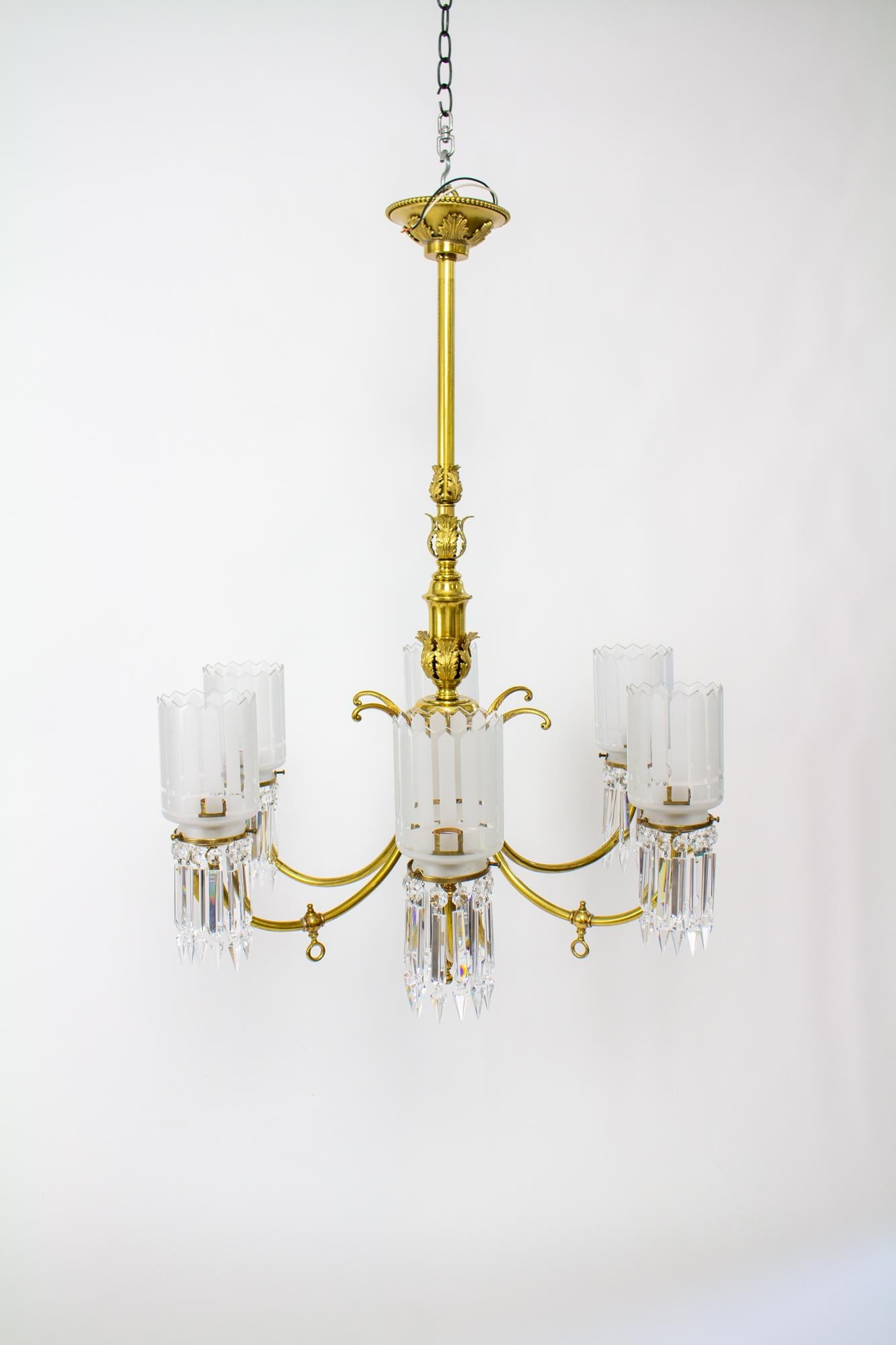19th Century Gas and Electric Brass and Crystal Chandelier 2