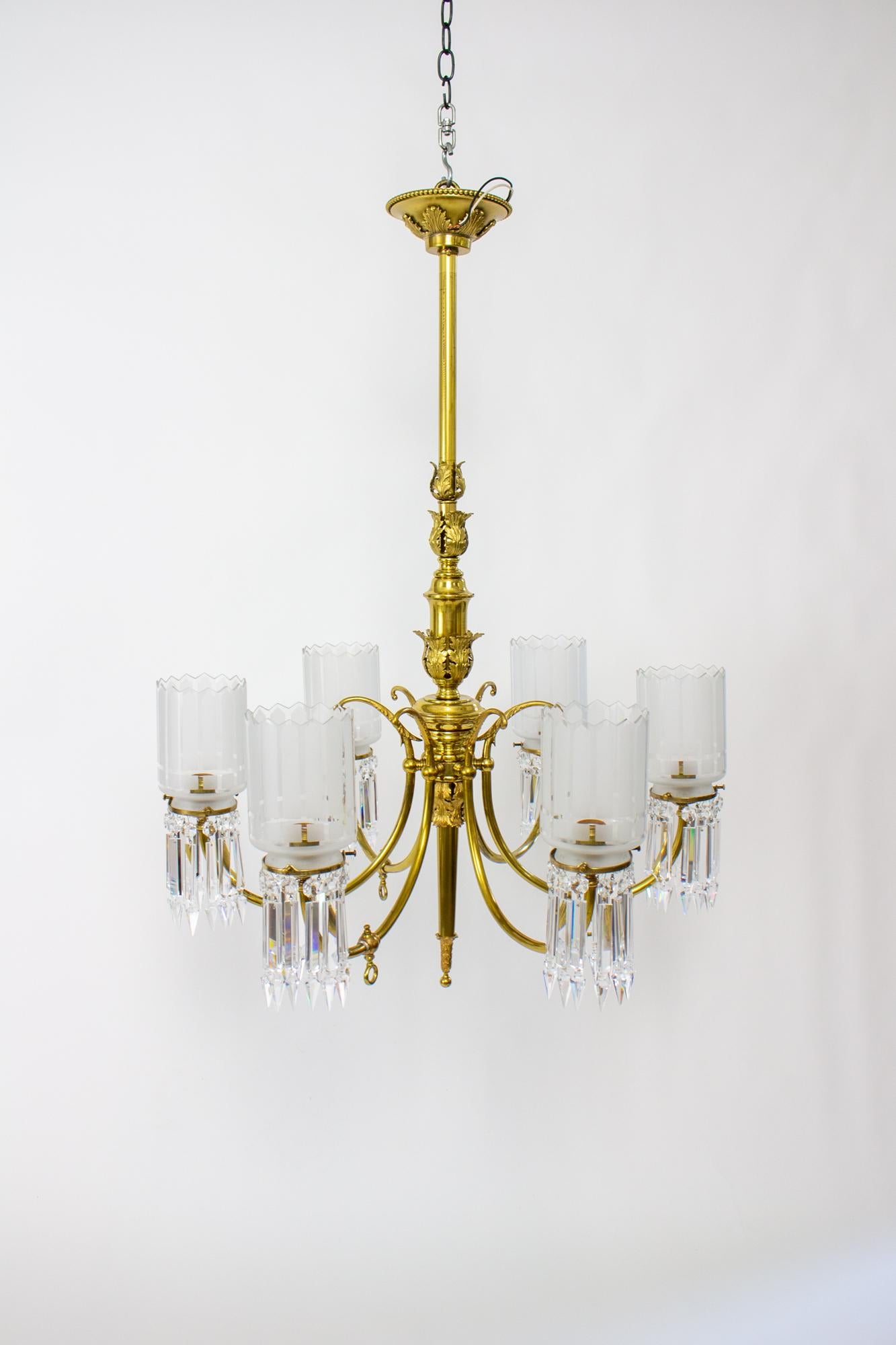 19th Century Gas and Electric Brass and Crystal Chandelier 3