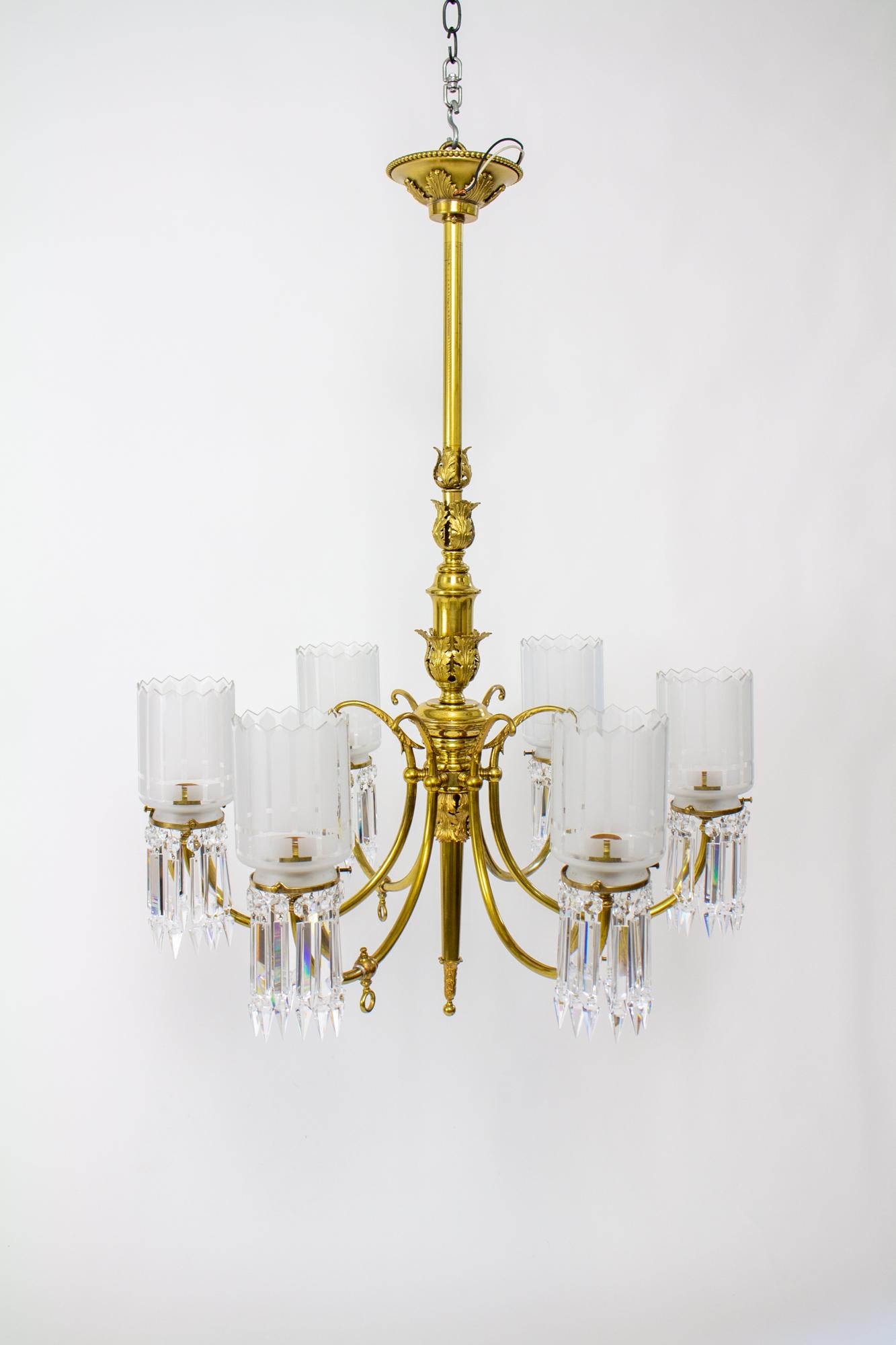 19th Century Gas and Electric Brass and Crystal Chandelier 4