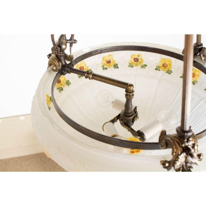 Victorian 19th Century Gas Glass Bowl Fixture with Yellow Flowers For Sale