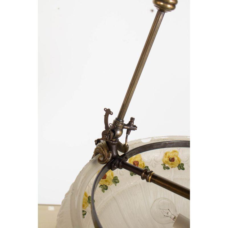American 19th Century Gas Glass Bowl Fixture with Yellow Flowers For Sale