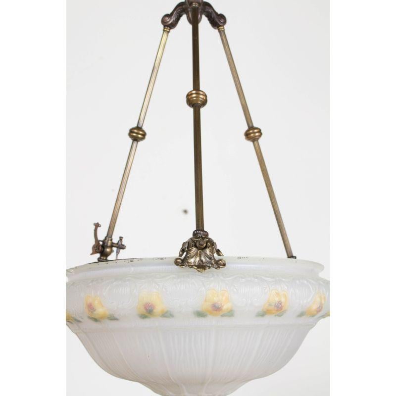 19th Century Gas Glass Bowl Fixture with Yellow Flowers In Good Condition For Sale In Canton, MA