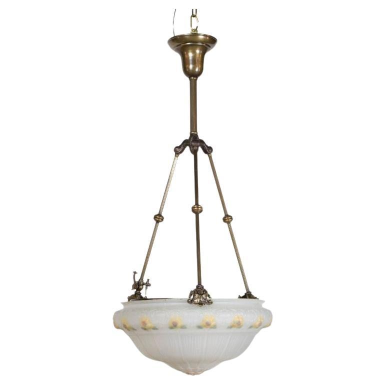 19th Century Gas Glass Bowl Fixture with Yellow Flowers For Sale