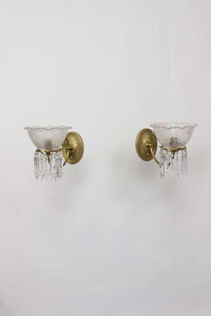 19th Century Gas Sconces with Original Glass, a Pair In Good Condition In Canton, MA