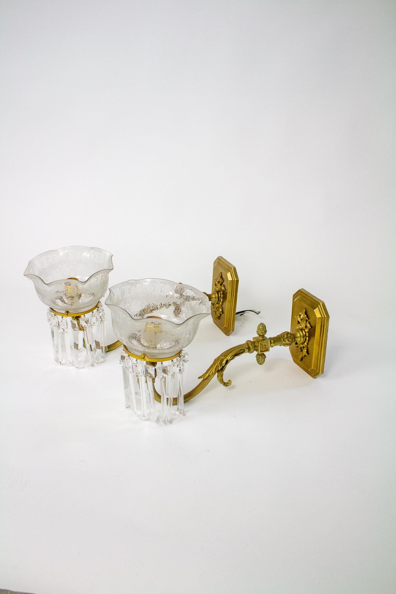 High Victorian 19th Century Gas Wall Sconces with Crystal Prisms, a Pair For Sale