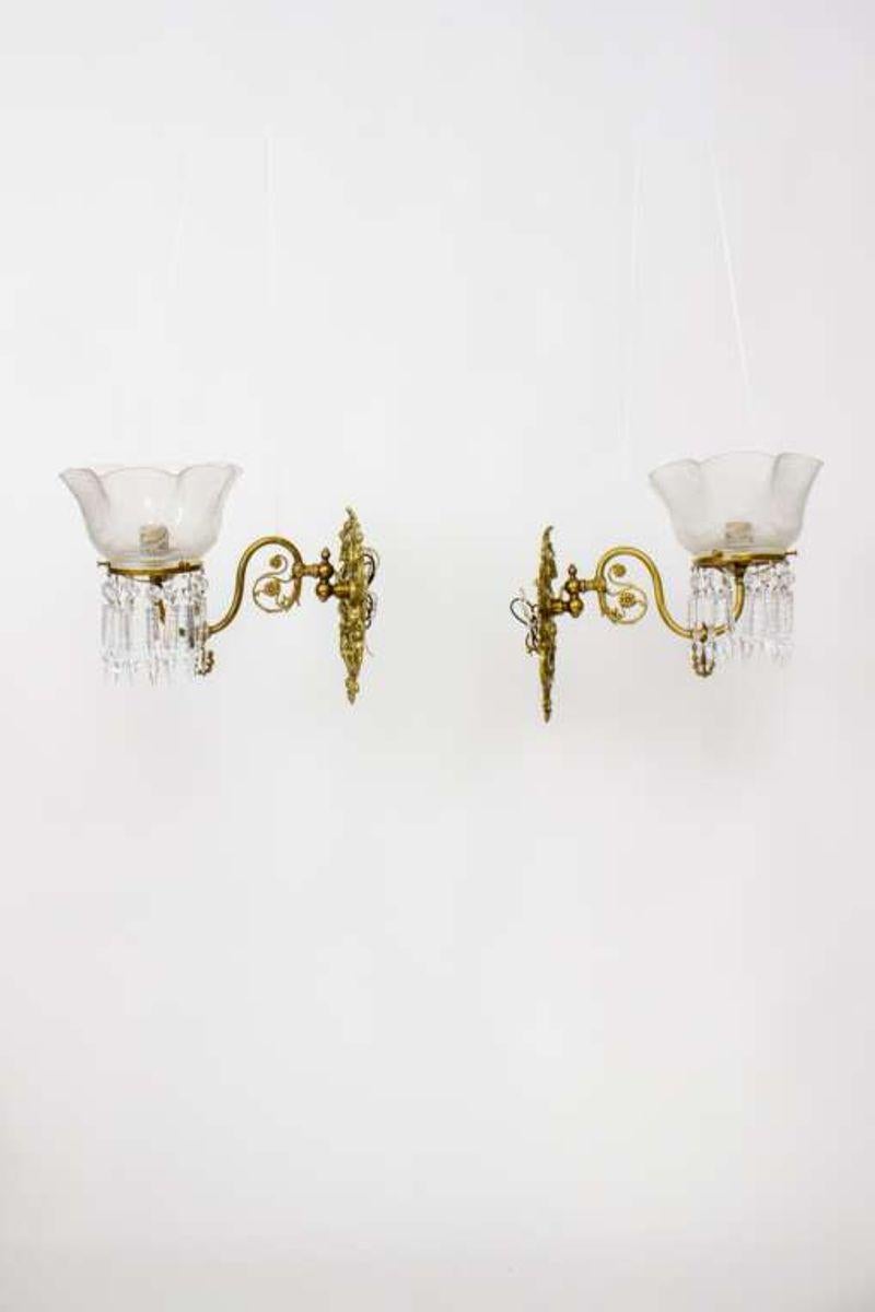 Victorian 19th Century Gas Wall Sconces with Old Glass, a Pair For Sale