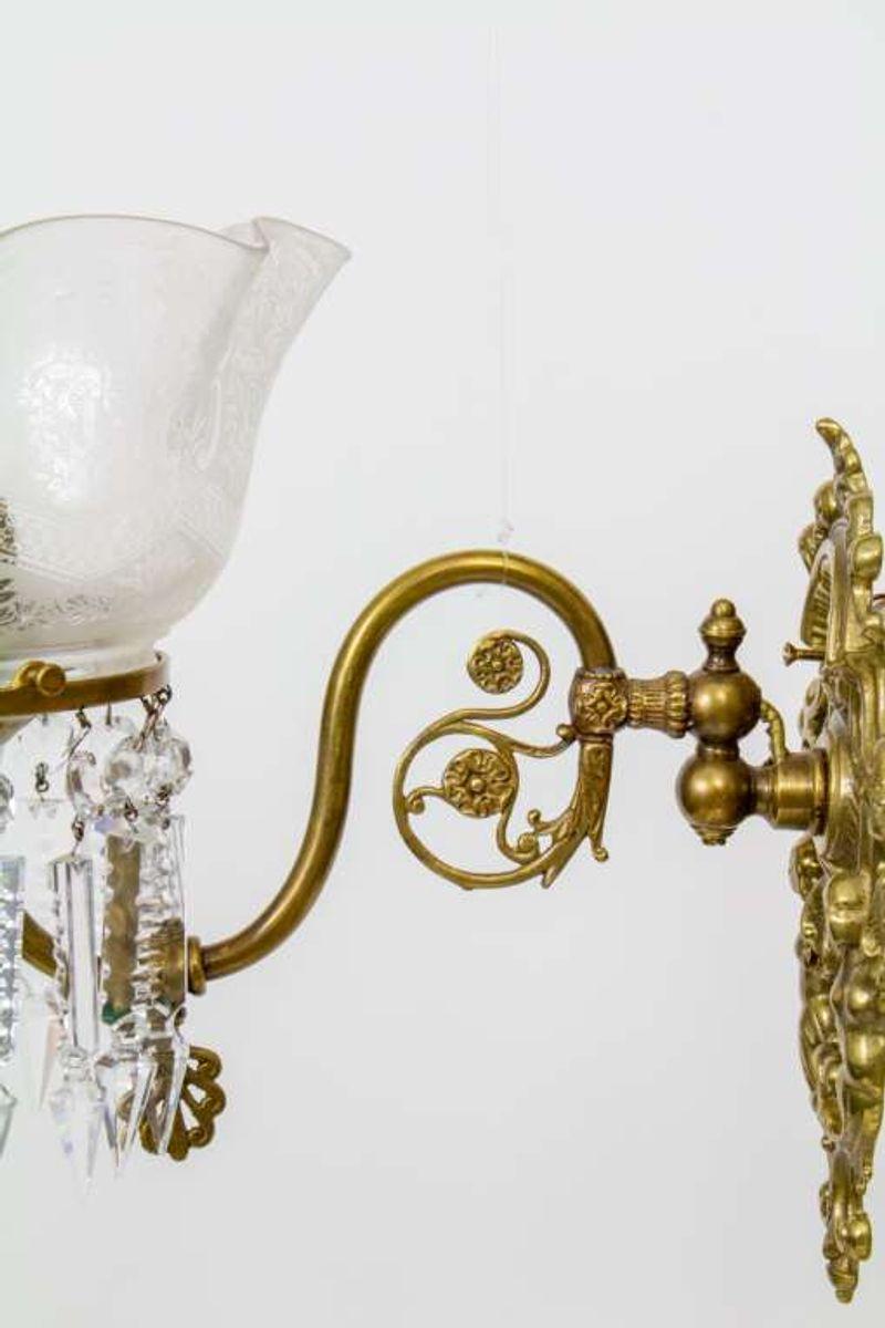 Brass 19th Century Gas Wall Sconces with Old Glass, a Pair For Sale