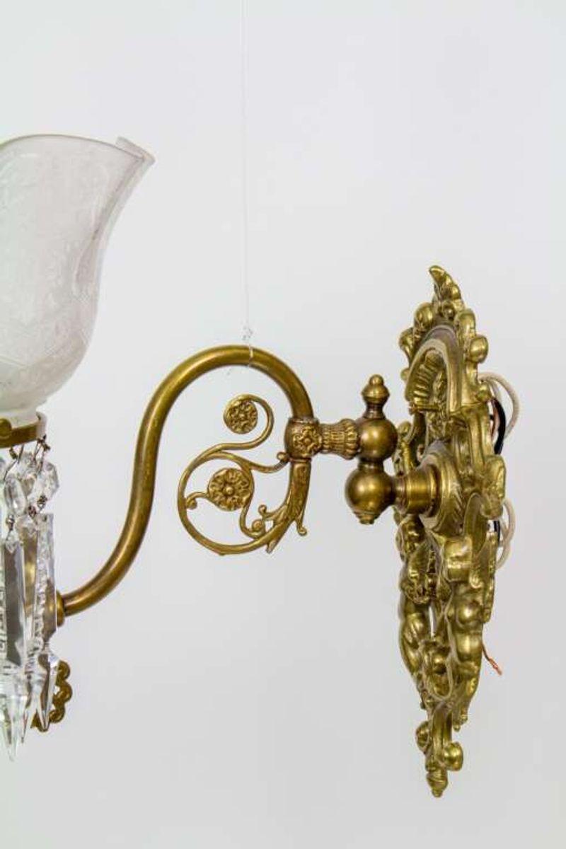 19th Century Gas Wall Sconces with Old Glass, a Pair In Good Condition For Sale In Canton, MA