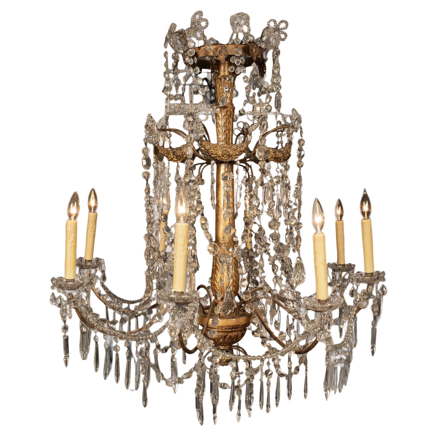 Lampadario genovese in cristallo e legno dorato del XIX secolo in vendita