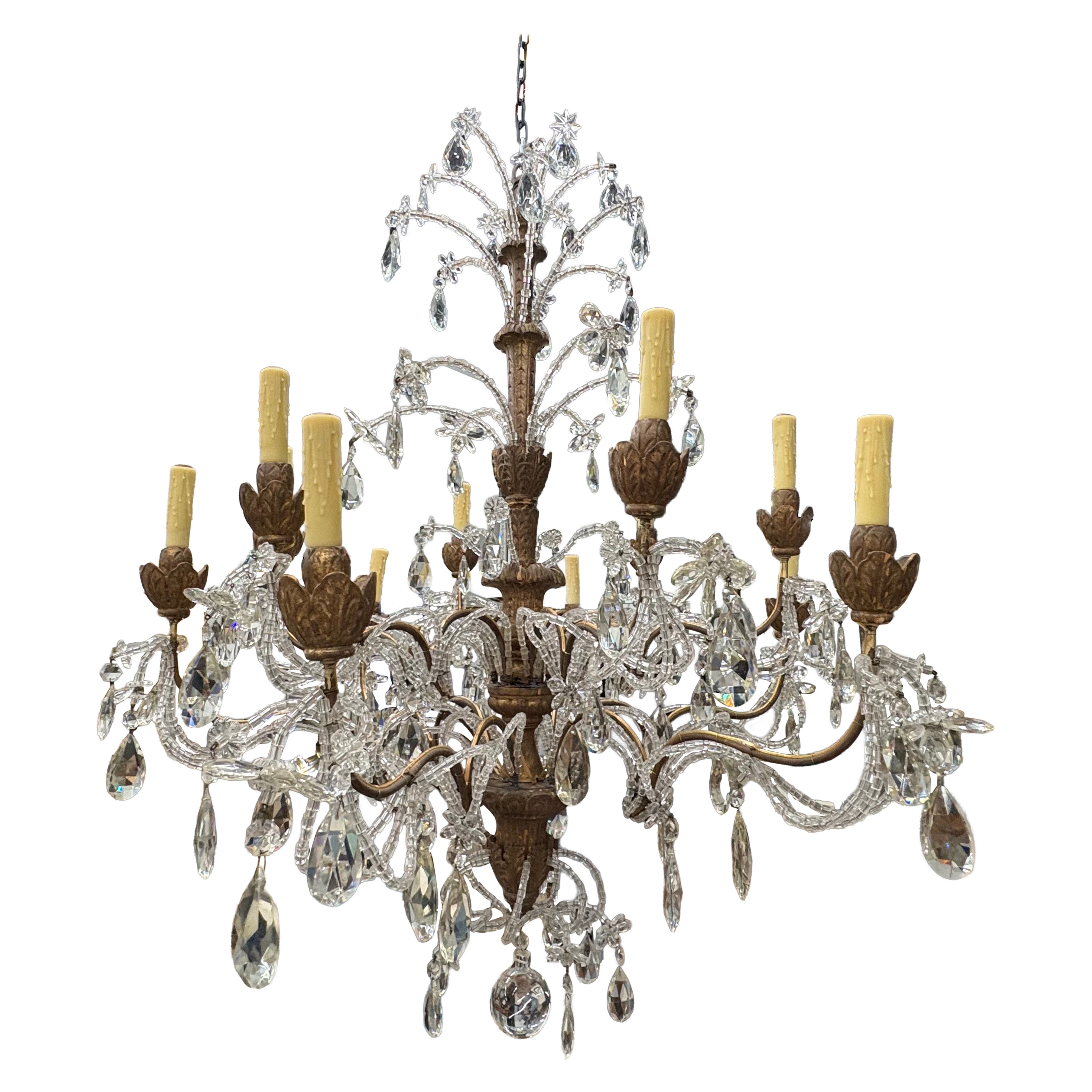 19th Century Genovese Giltwood And Crystal Chandelier For Sale