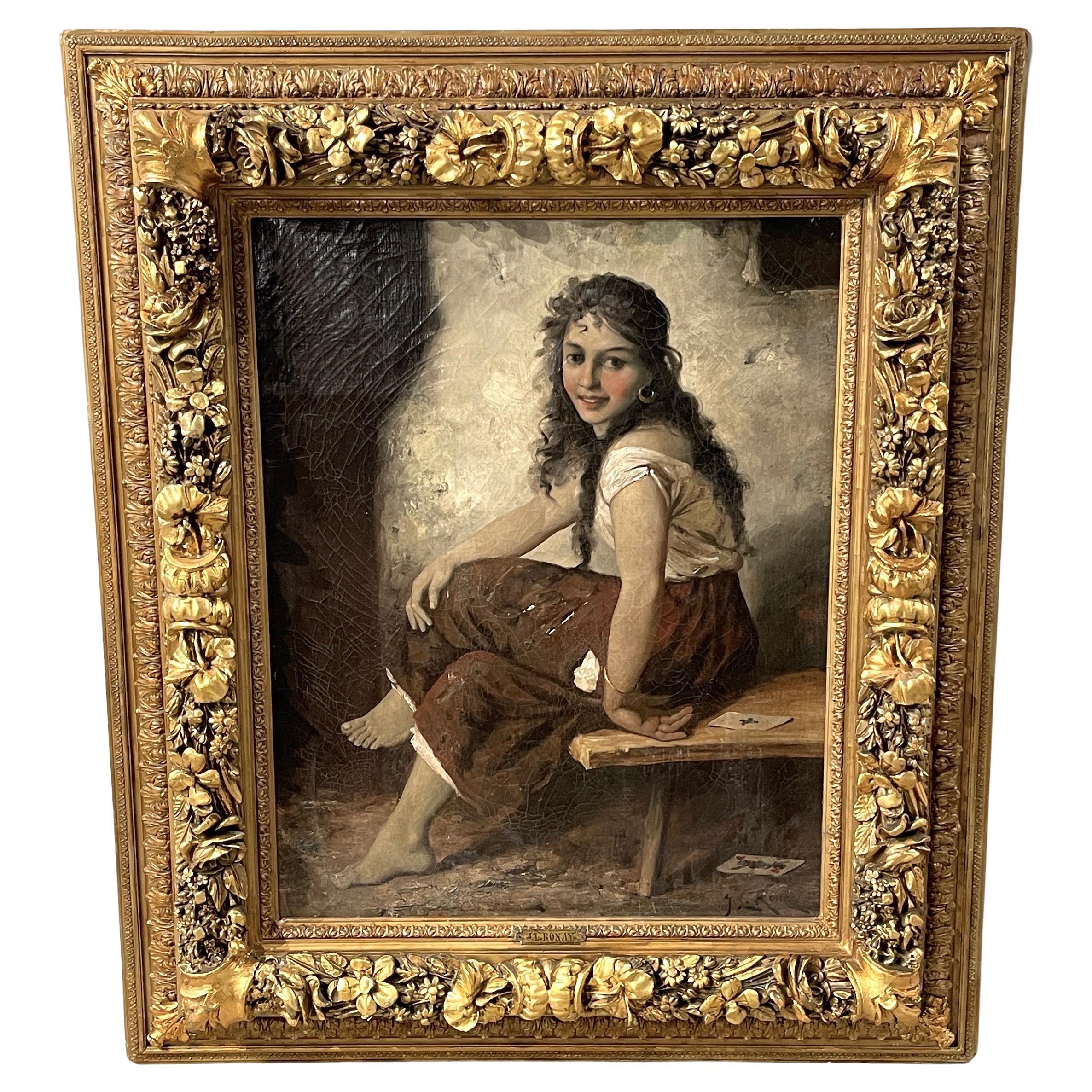 Peinture de genre Beaux Arts du 19ème siècle  "L'As de Pique" par J. L. Rónay.