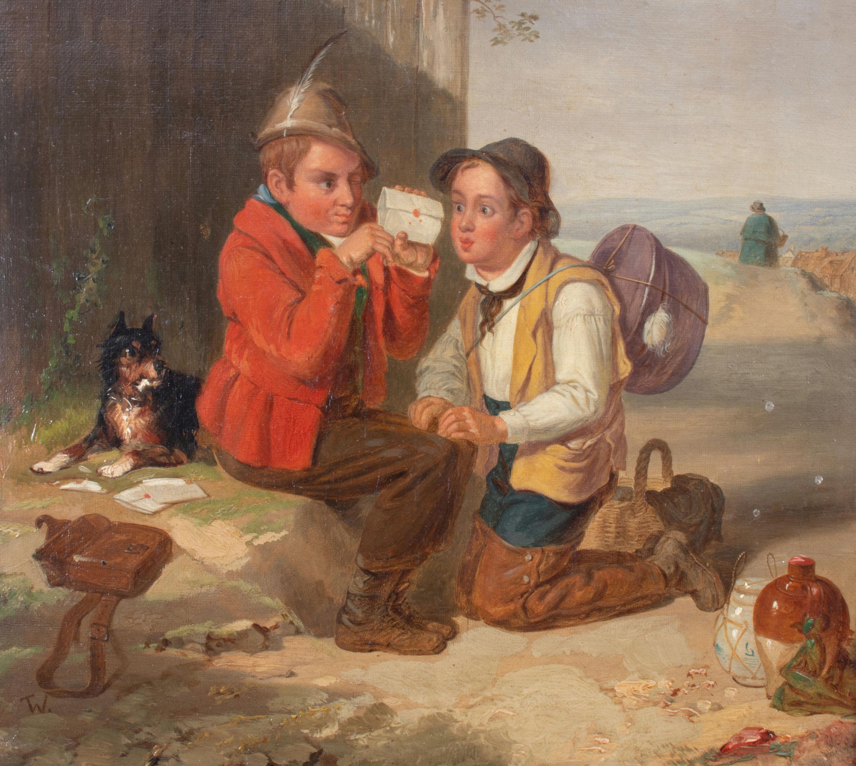 Cette huile sur toile fantaisiste du XIXe siècle, attribuée à Thomas Webster R.A (1800-1886), représente deux jeunes garçons espionnant l'intérieur d'une lettre scellée, en prenant soin de ne pas briser le sceau. La scène est ensuite illustrée par